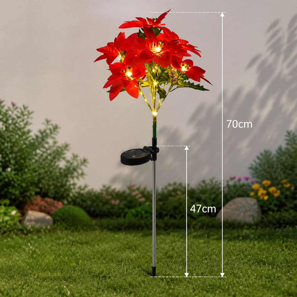 Solar Poinsettia Garden Lights with Red Flower Heads