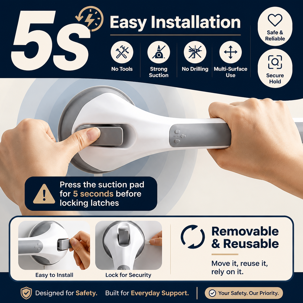 Heavy-Duty Suction Cup Safety Grab Bar – Anti-Slip Bathroom Support Handle