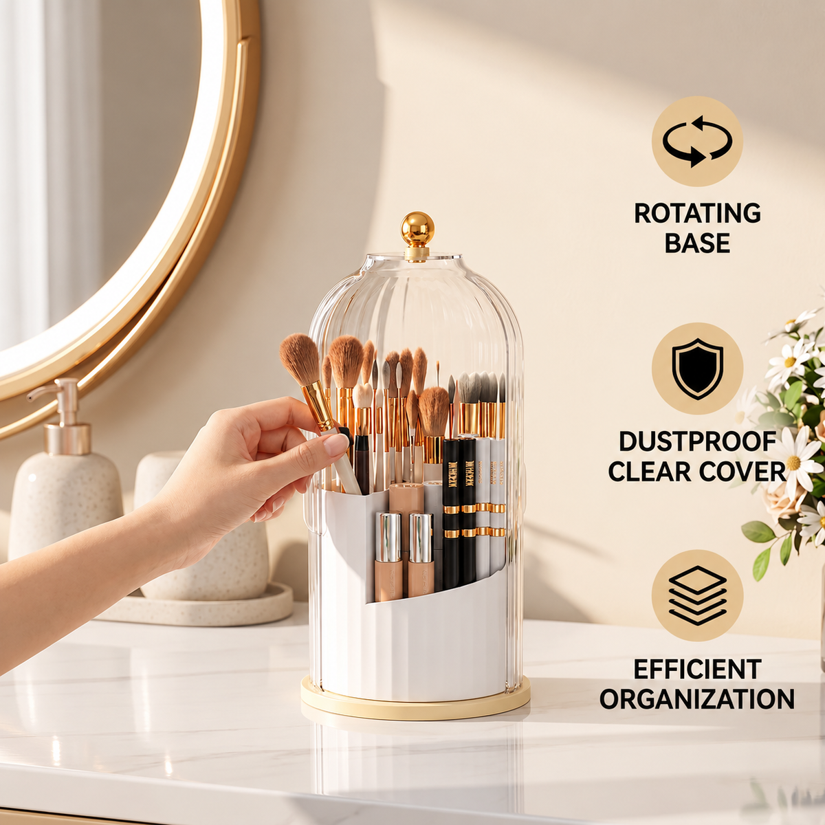 Rotating Toothbrush & Bathroom Essentials Organizer with Dustproof Clear Cover