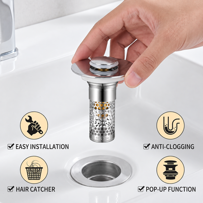 Universal Pop-Up Bathroom Sink Drain Stopper with Hair Catcher & Stainless Steel Filter Basket