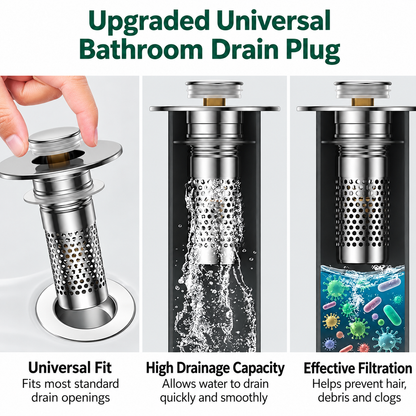 Universal Pop-Up Bathroom Sink Drain Stopper with Hair Catcher & Stainless Steel Filter Basket