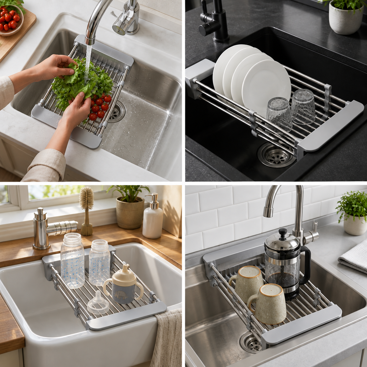 Adjustable Over-the-Sink Dish Drying Rack & Produce Drainer