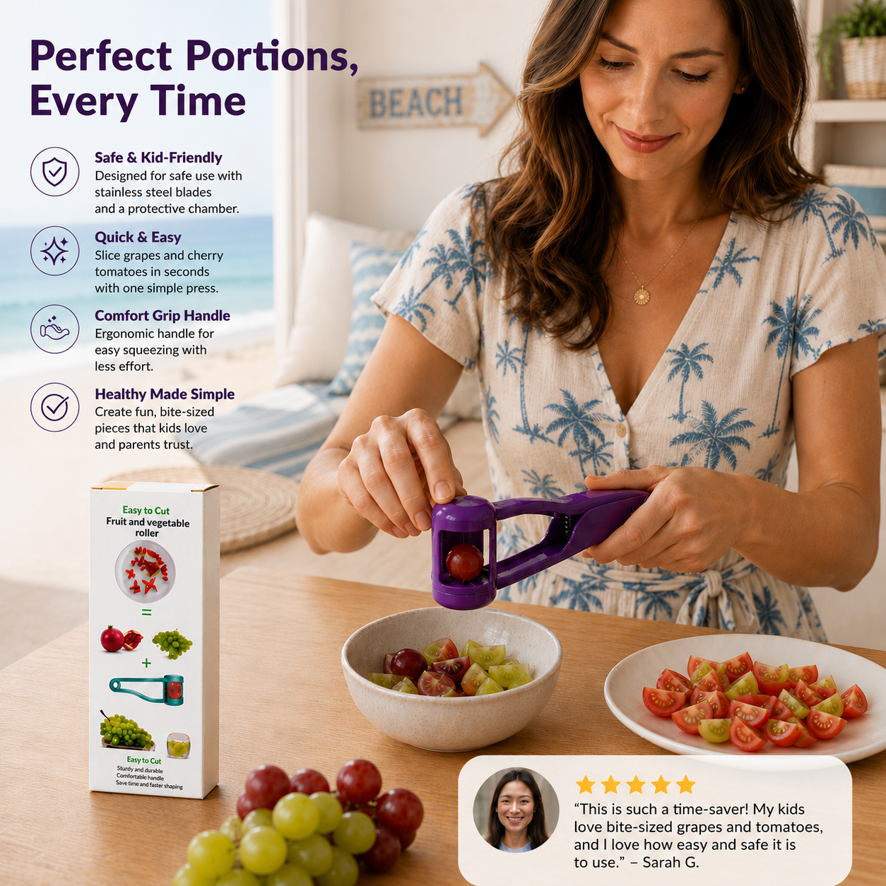 Stainless Steel Grape & Cherry Tomato Cutter – Safe One-Press Quarter Slicer for Toddlers & Kids
