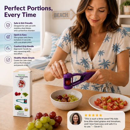Stainless Steel Grape & Cherry Tomato Cutter – Safe One-Press Quarter Slicer for Toddlers & Kids
