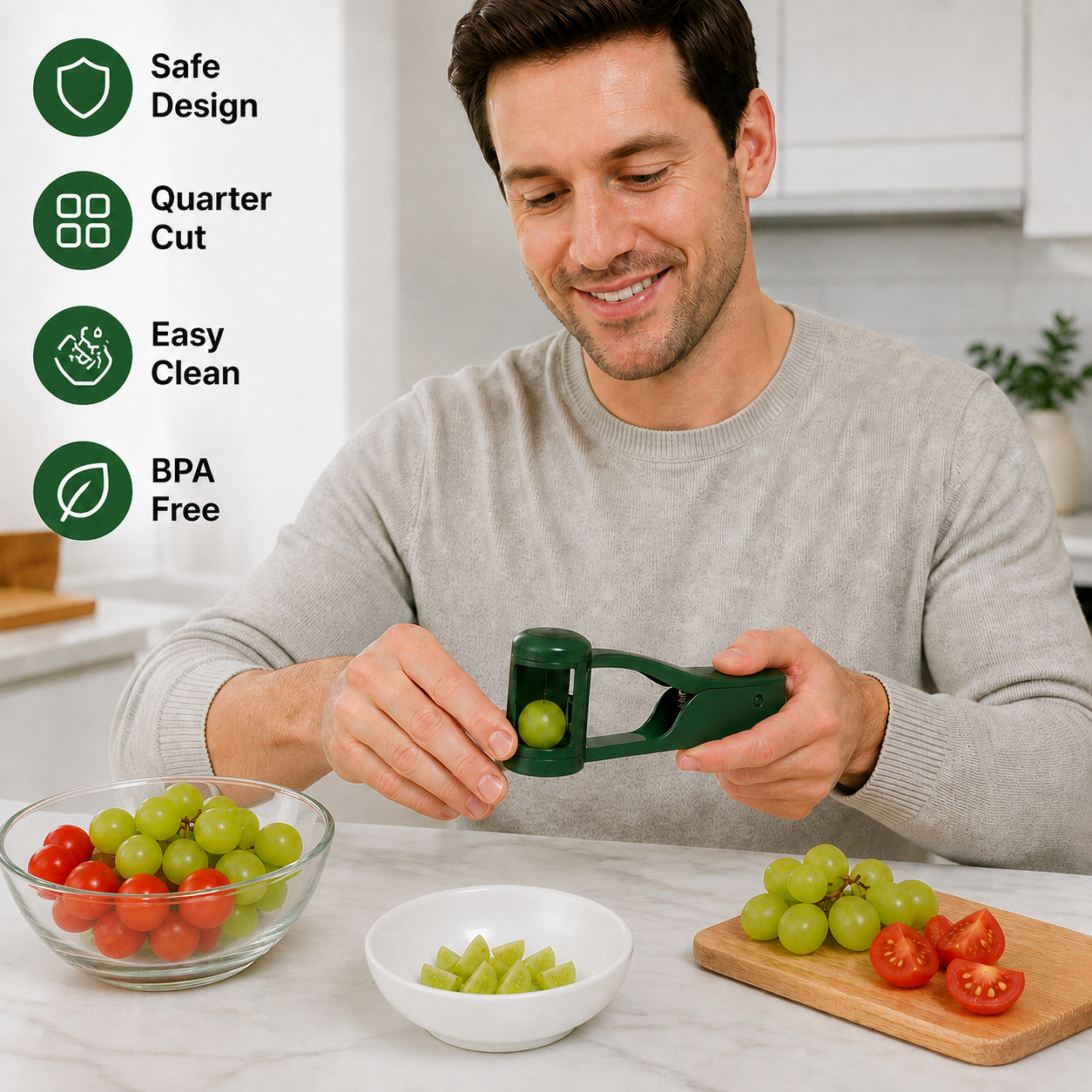 Stainless Steel Grape & Cherry Tomato Cutter – Safe One-Press Quarter Slicer for Toddlers & Kids