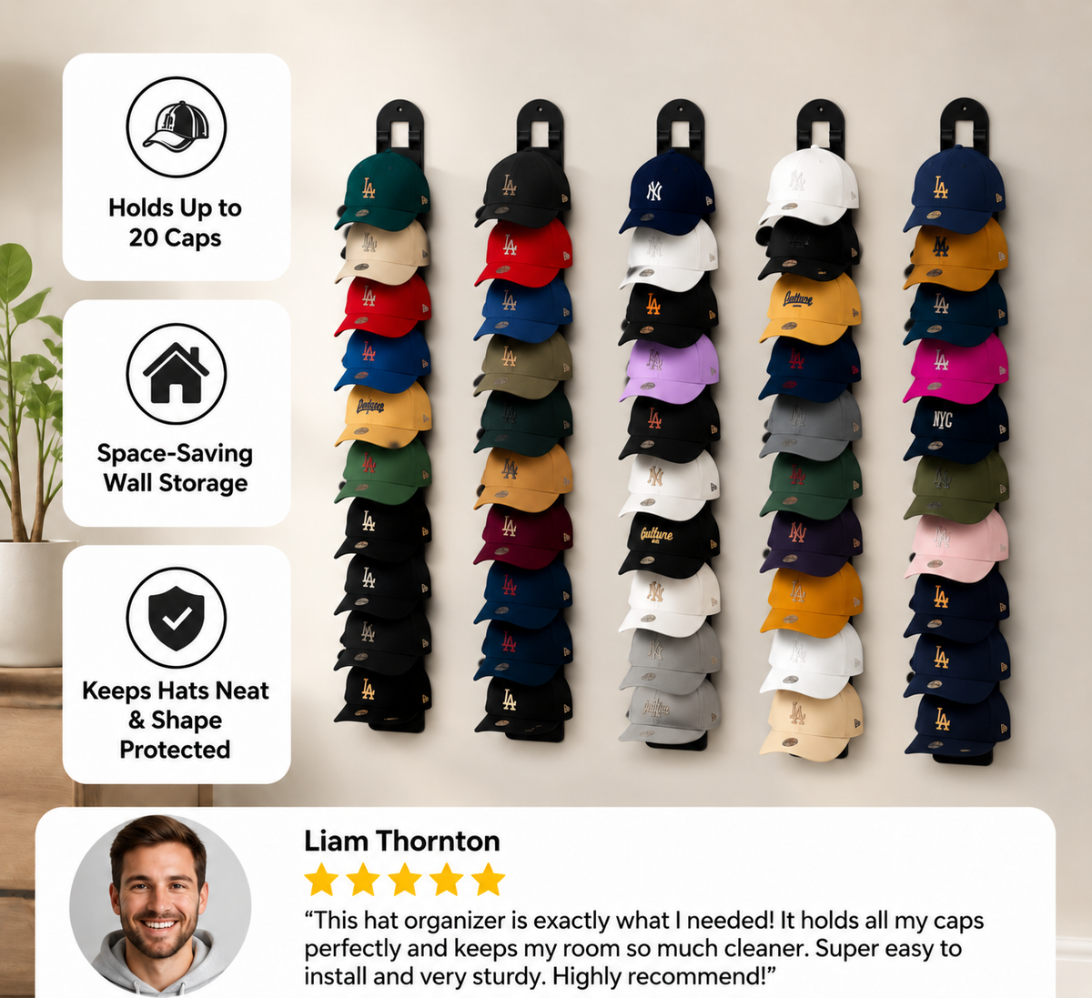 Wall-Mounted Hat Organizer – Holds Up to 20 Caps