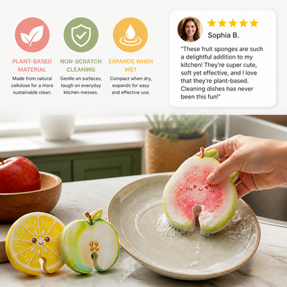 Fruit-Shaped Pop-Up Cellulose Sponges – 3-Pack of Plant-Based, Non-Scratch Kitchen Sponges