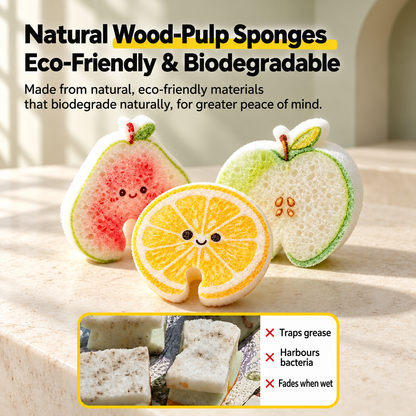 Fruit-Shaped Pop-Up Cellulose Sponges – 3-Pack of Plant-Based, Non-Scratch Kitchen Sponges