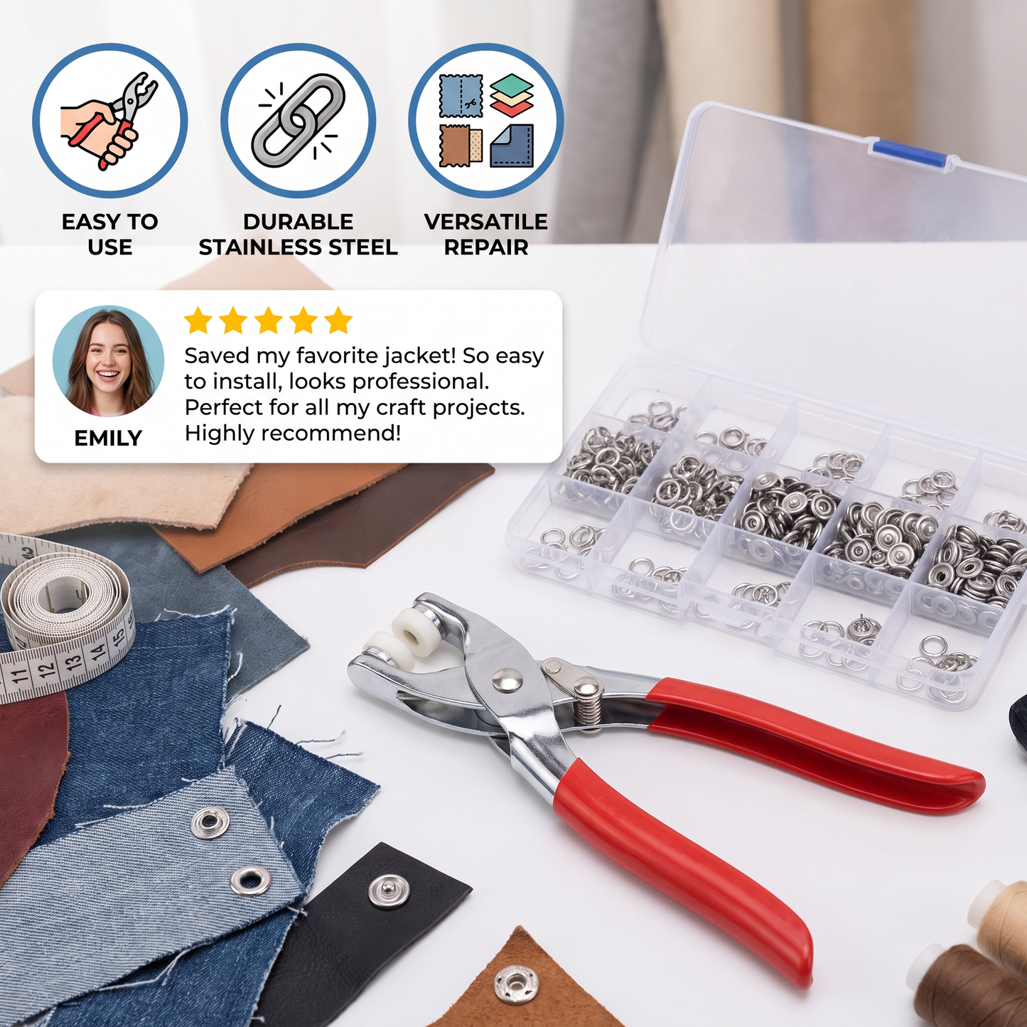 Stainless Steel Snap Fastener Tool Kit – Metal Button Repair Set for Clothing, Leather & Crafts