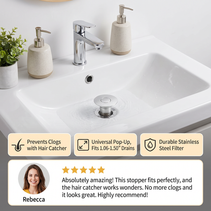 Universal Pop-Up Bathroom Sink Drain Stopper with Hair Catcher & Stainless Steel Filter Basket