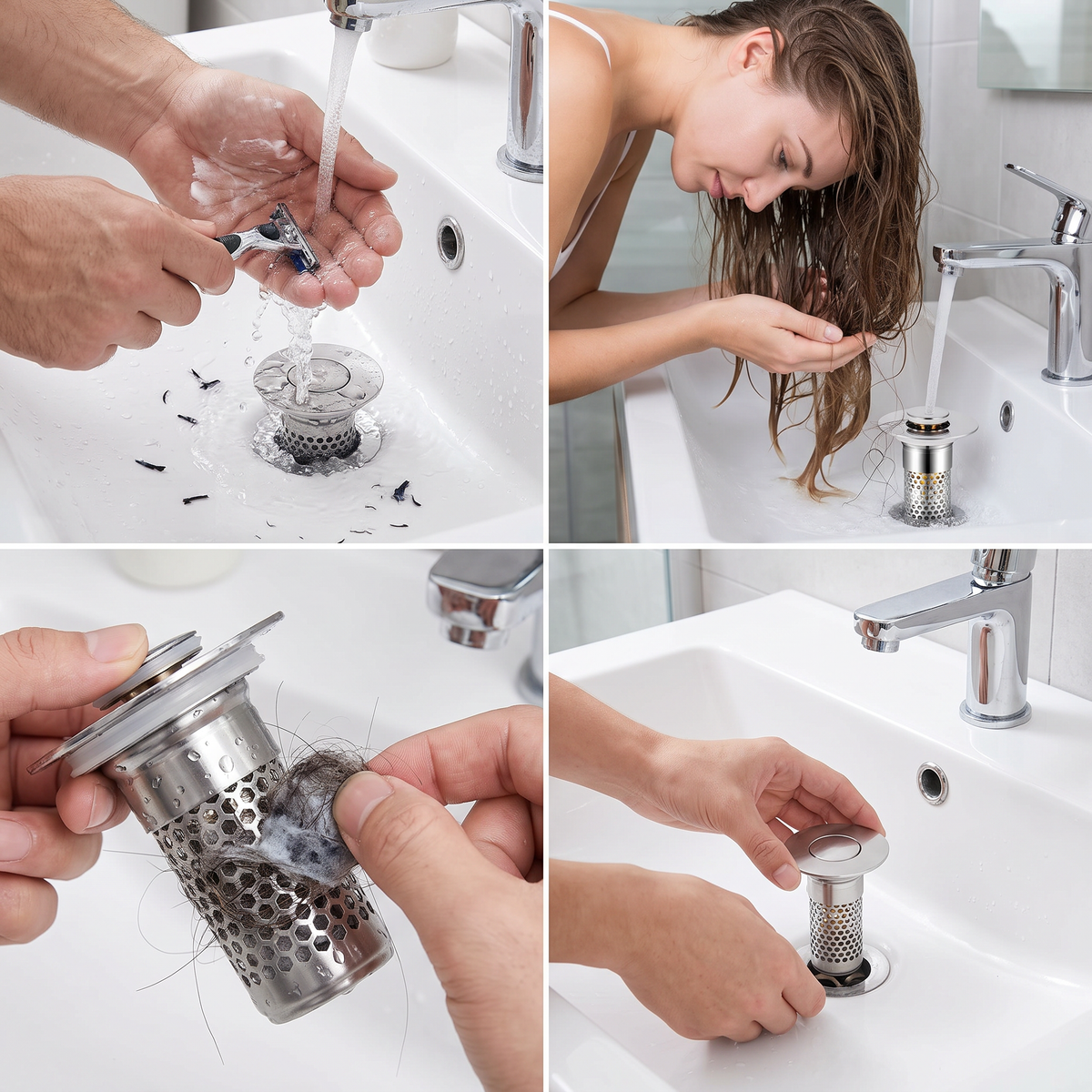 Universal Pop-Up Bathroom Sink Drain Stopper with Hair Catcher & Stainless Steel Filter Basket