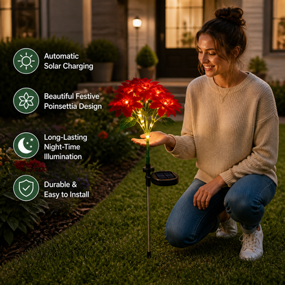 Solar Poinsettia Garden Lights with Red Flower Heads