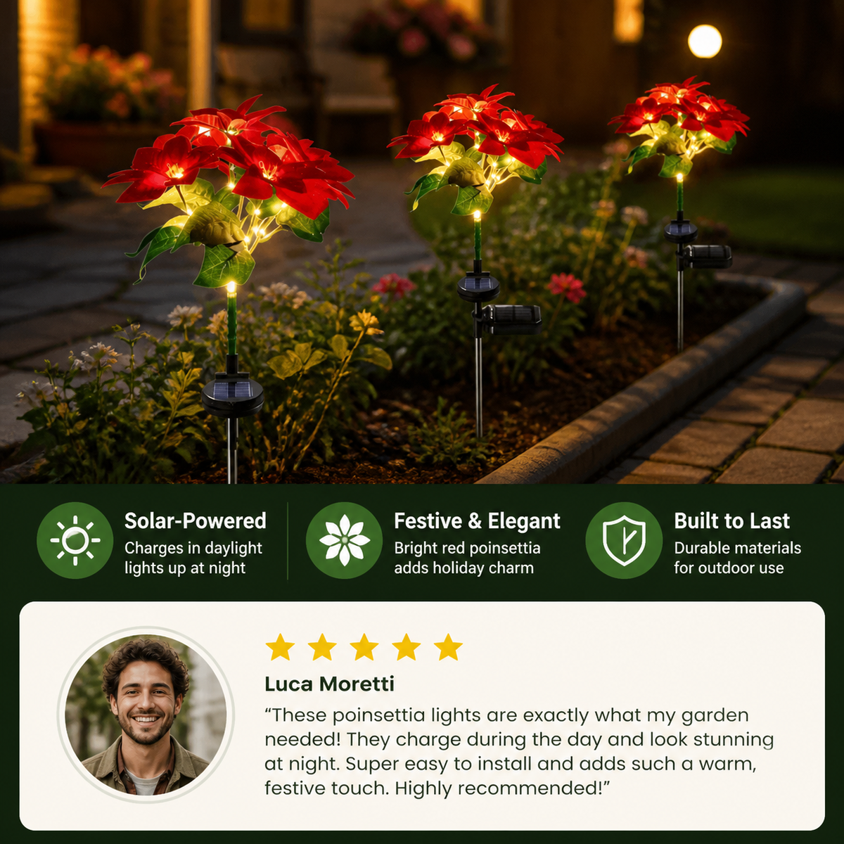 Solar Poinsettia Garden Lights with Red Flower Heads