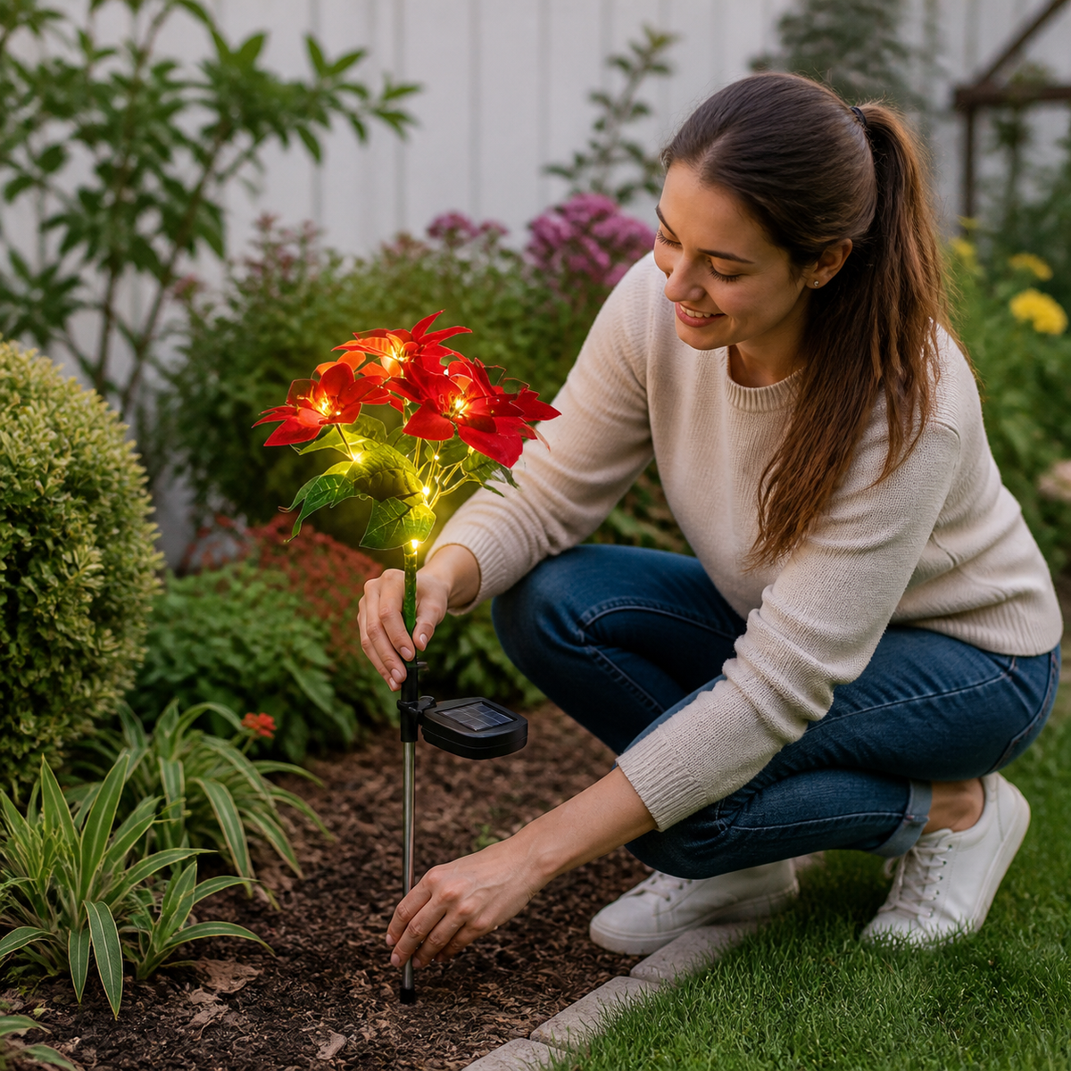 Solar Poinsettia Garden Lights with Red Flower Heads