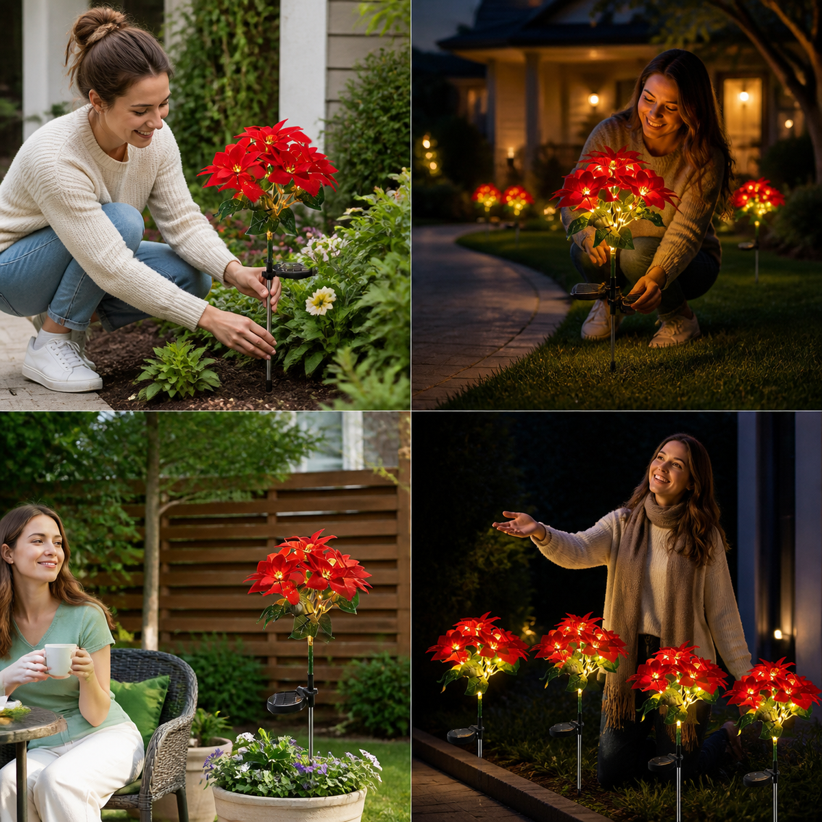 Solar Poinsettia Garden Lights with Red Flower Heads