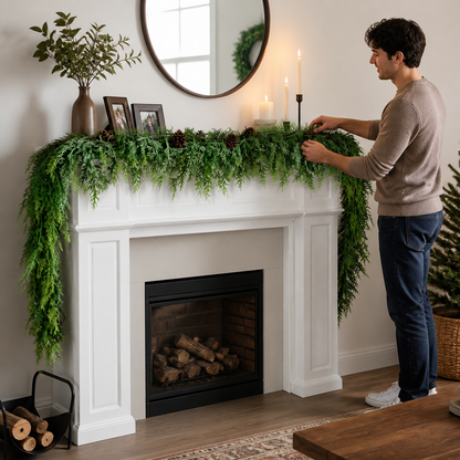 Real-Touch Artificial Cedar & Pine Garland with Pine Cones – Christmas Greenery Décor