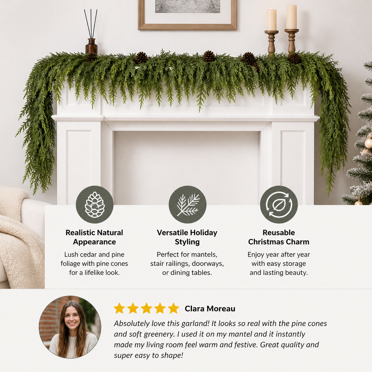 Real-Touch Artificial Cedar & Pine Garland with Pine Cones – Christmas Greenery Décor