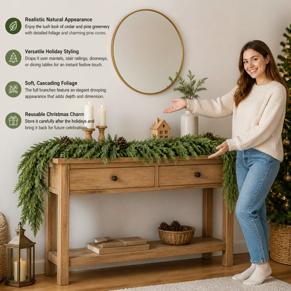 Real-Touch Artificial Cedar & Pine Garland with Pine Cones – Christmas Greenery Décor