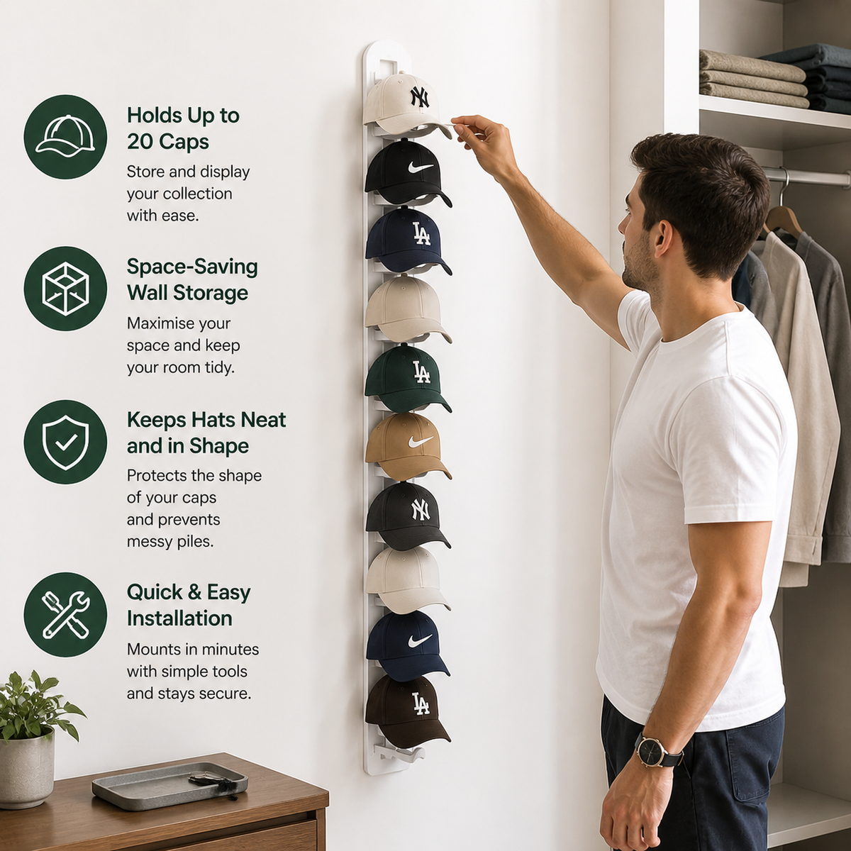Wall-Mounted Hat Organizer – Holds Up to 20 Caps