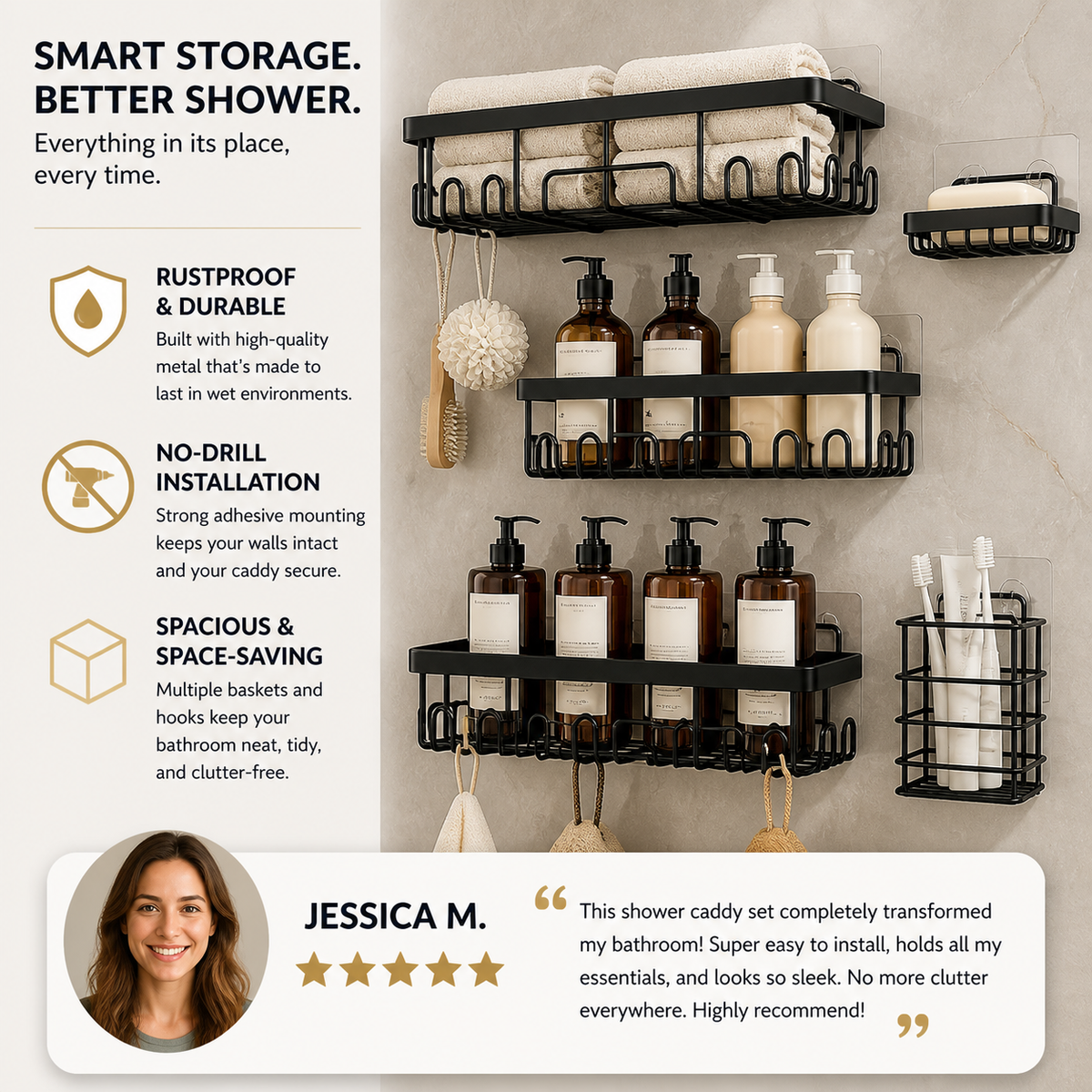 Rustproof No-Drill Shower Caddy Set with Soap Holder