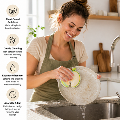 Fruit-Shaped Pop-Up Cellulose Sponges – 3-Pack of Plant-Based, Non-Scratch Kitchen Sponges