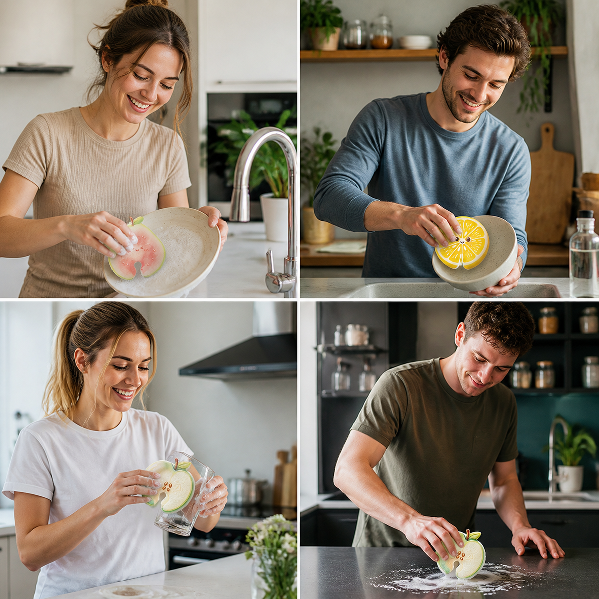 Fruit-Shaped Pop-Up Cellulose Sponges – 3-Pack of Plant-Based, Non-Scratch Kitchen Sponges