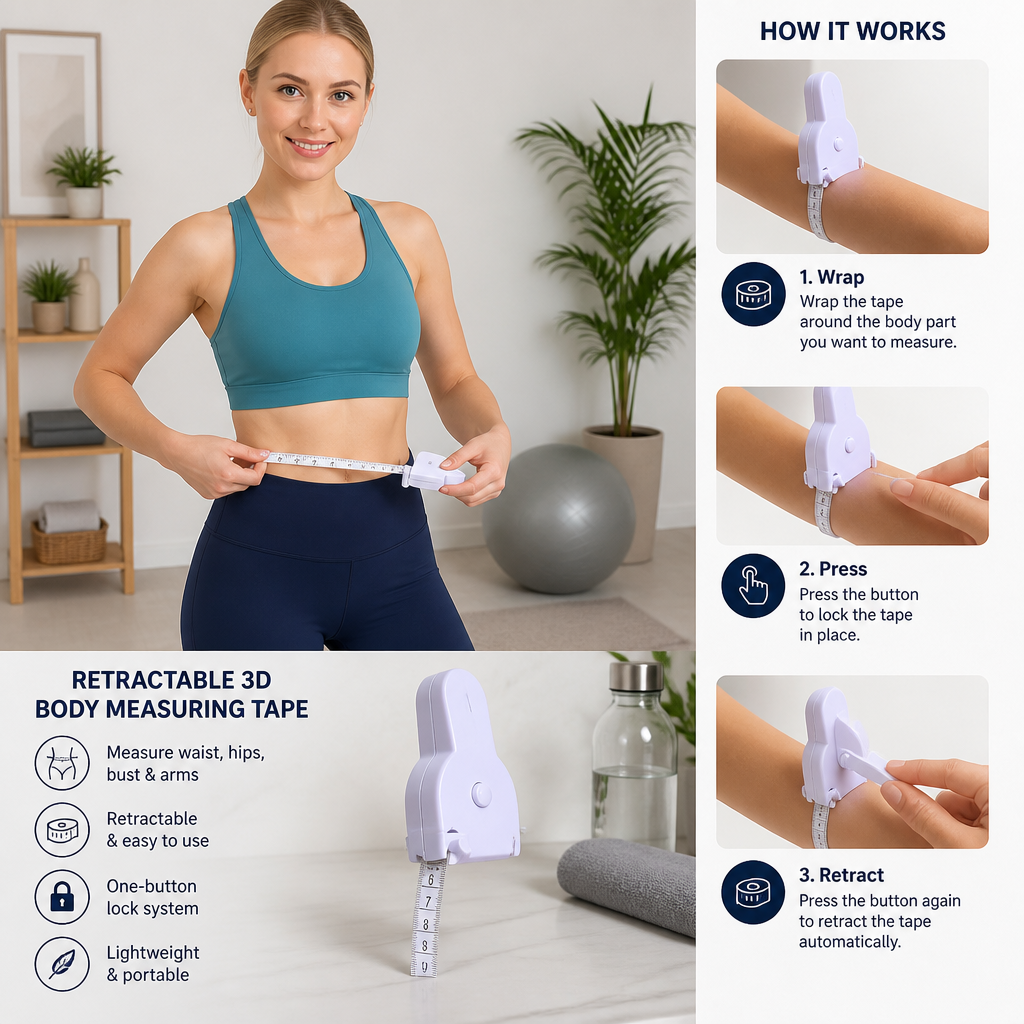 Retractable 3D Body Measuring Tape for Waist, Hips, Bust & Arms
