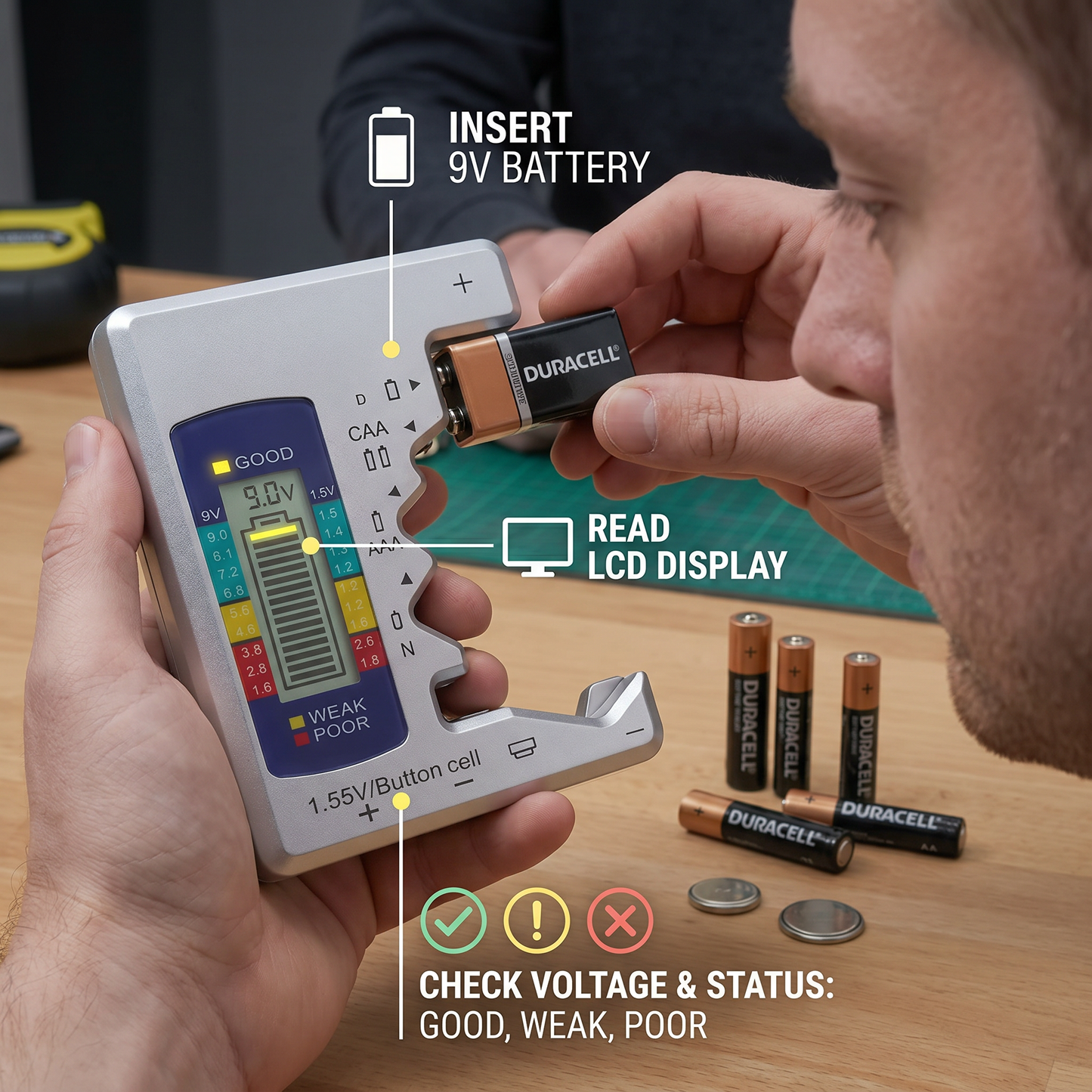 Digital Battery Tester with LCD Display – Capacity Checker for AA, AAA, C, D, 9V & Button Cells