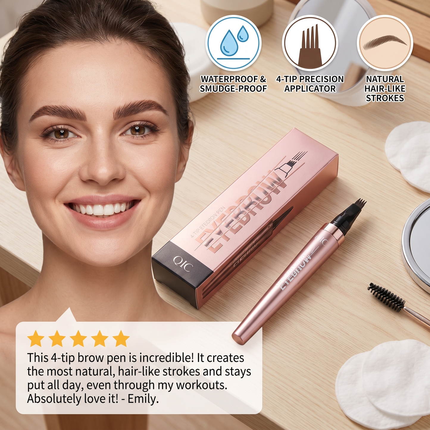 3D Natural-Looking Brow Pen – Waterproof 4-Tip Eyebrow Pencil