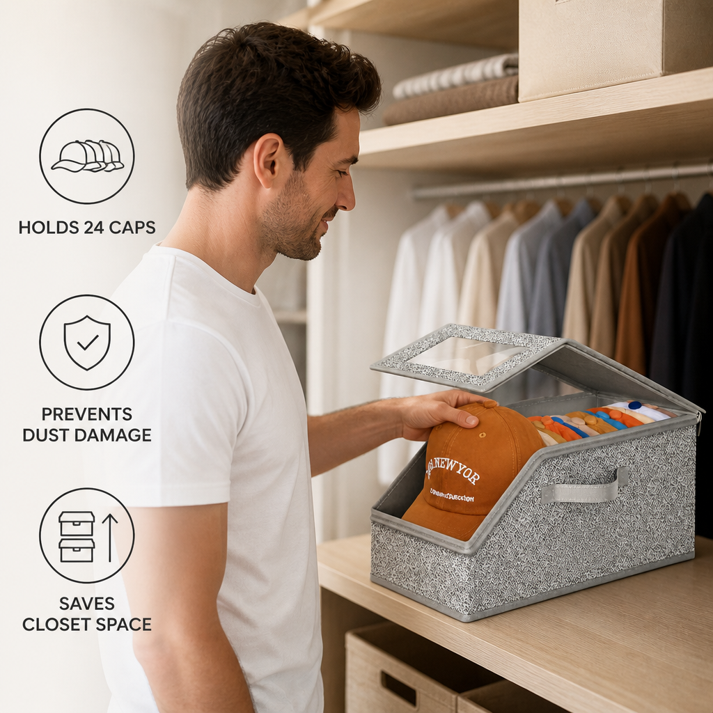Stackable Baseball Cap Storage Box – Holds Up to 24 Hats