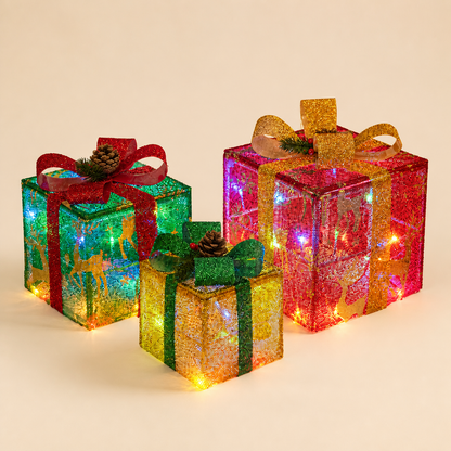 LED Light-Up Christmas Gift Box Decoration Set of 3