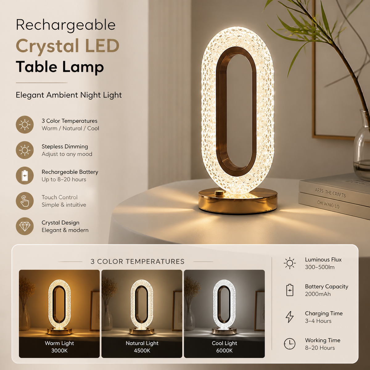 Rechargeable Crystal LED Table Lamp – Elegant Ambient Night Light