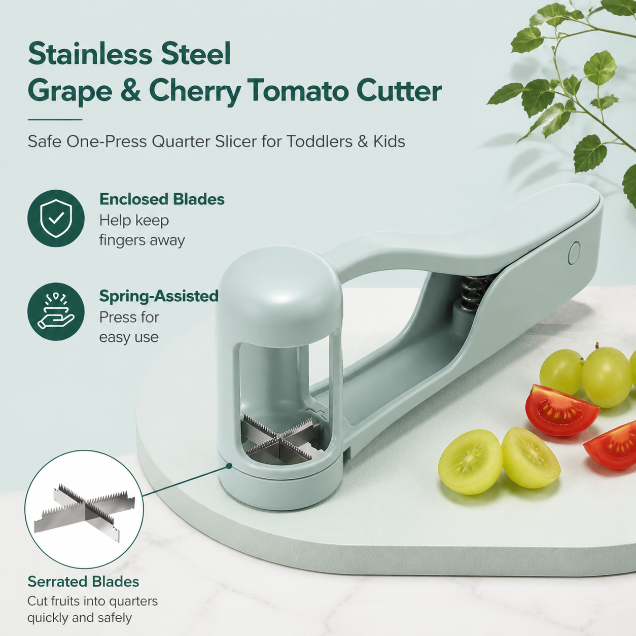 Stainless Steel Grape & Cherry Tomato Cutter – Safe One-Press Quarter Slicer for Toddlers & Kids