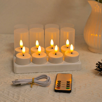 12-Piece Rechargeable LED Flameless Tea Light Candle Set with USB-C Charging Station, Remote Control & Timer