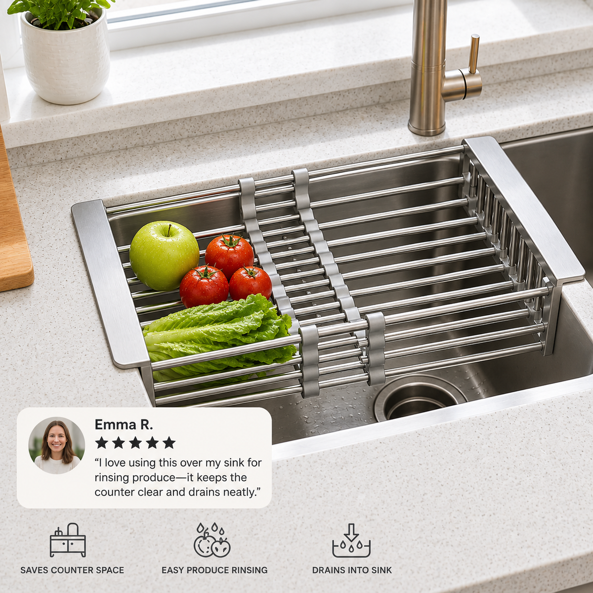 Adjustable Over-the-Sink Dish Drying Rack & Produce Drainer