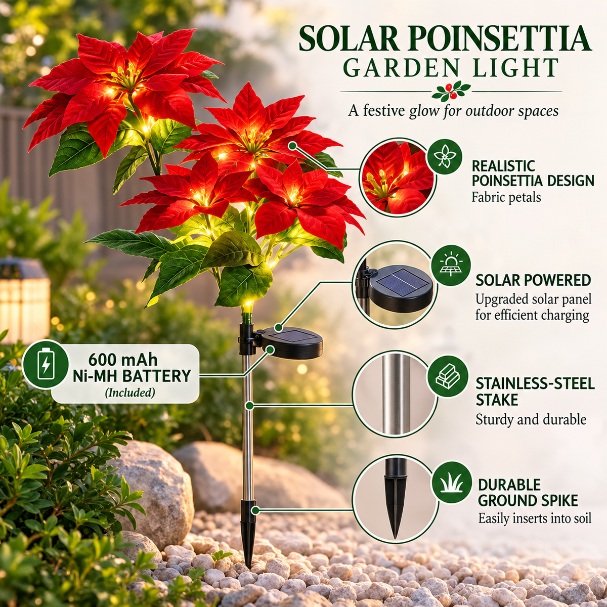 Solar Poinsettia Garden Lights with Red Flower Heads
