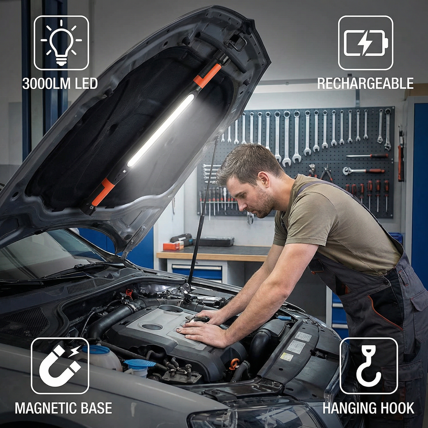 LED Work Light 3000LM – Rechargeable, Magnetic Base & Hanging Hook