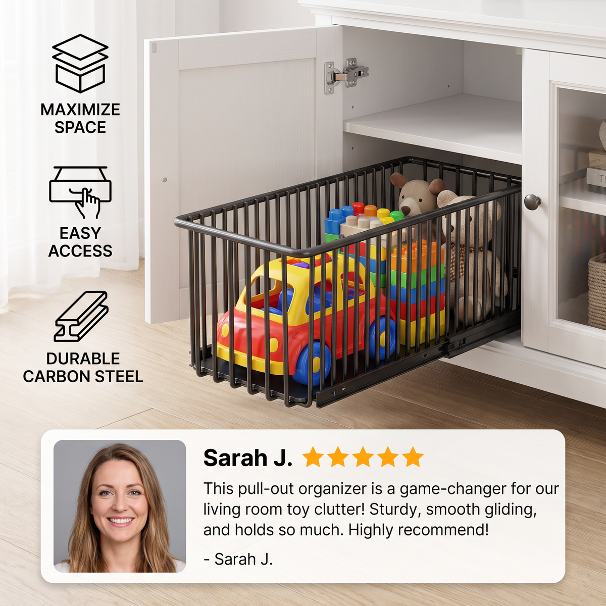 Space-Saving Pull-Out Carbon Steel Storage Basket & Cabinet Organizer