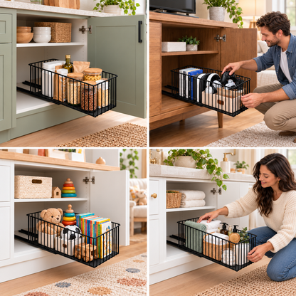 Space-Saving Pull-Out Carbon Steel Storage Basket & Cabinet Organizer