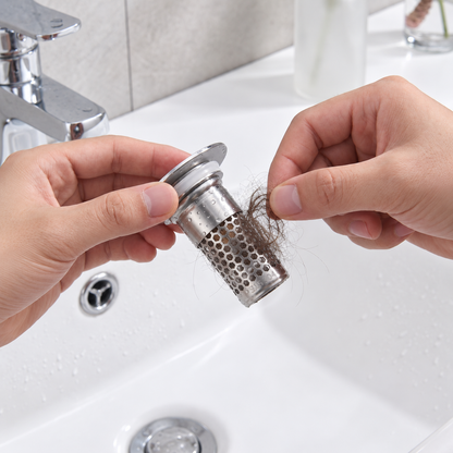 Universal Pop-Up Bathroom Sink Drain Stopper with Hair Catcher & Stainless Steel Filter Basket