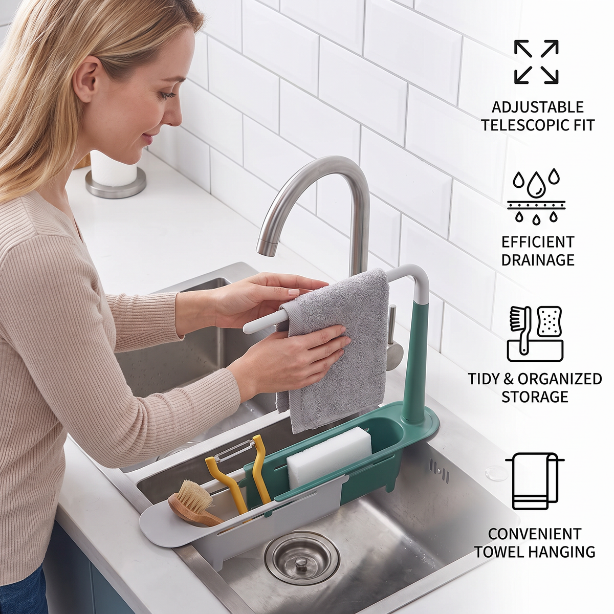 Adjustable Telescopic Sink Organizer with Drainage Basket & Towel Bar