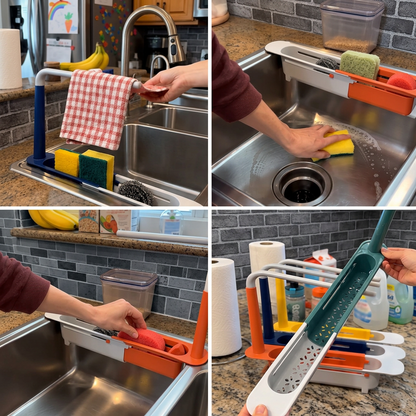 Adjustable Telescopic Sink Organizer with Drainage Basket & Towel Bar