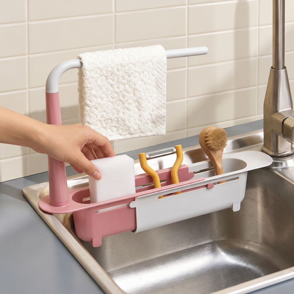 Adjustable Telescopic Sink Organizer with Drainage Basket & Towel Bar