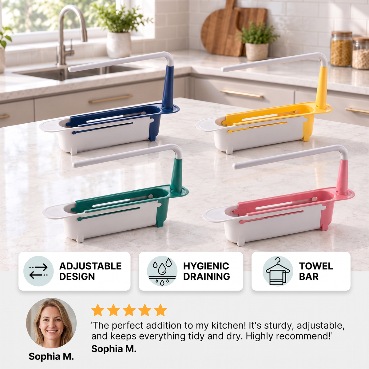 Adjustable Telescopic Sink Organizer with Drainage Basket & Towel Bar