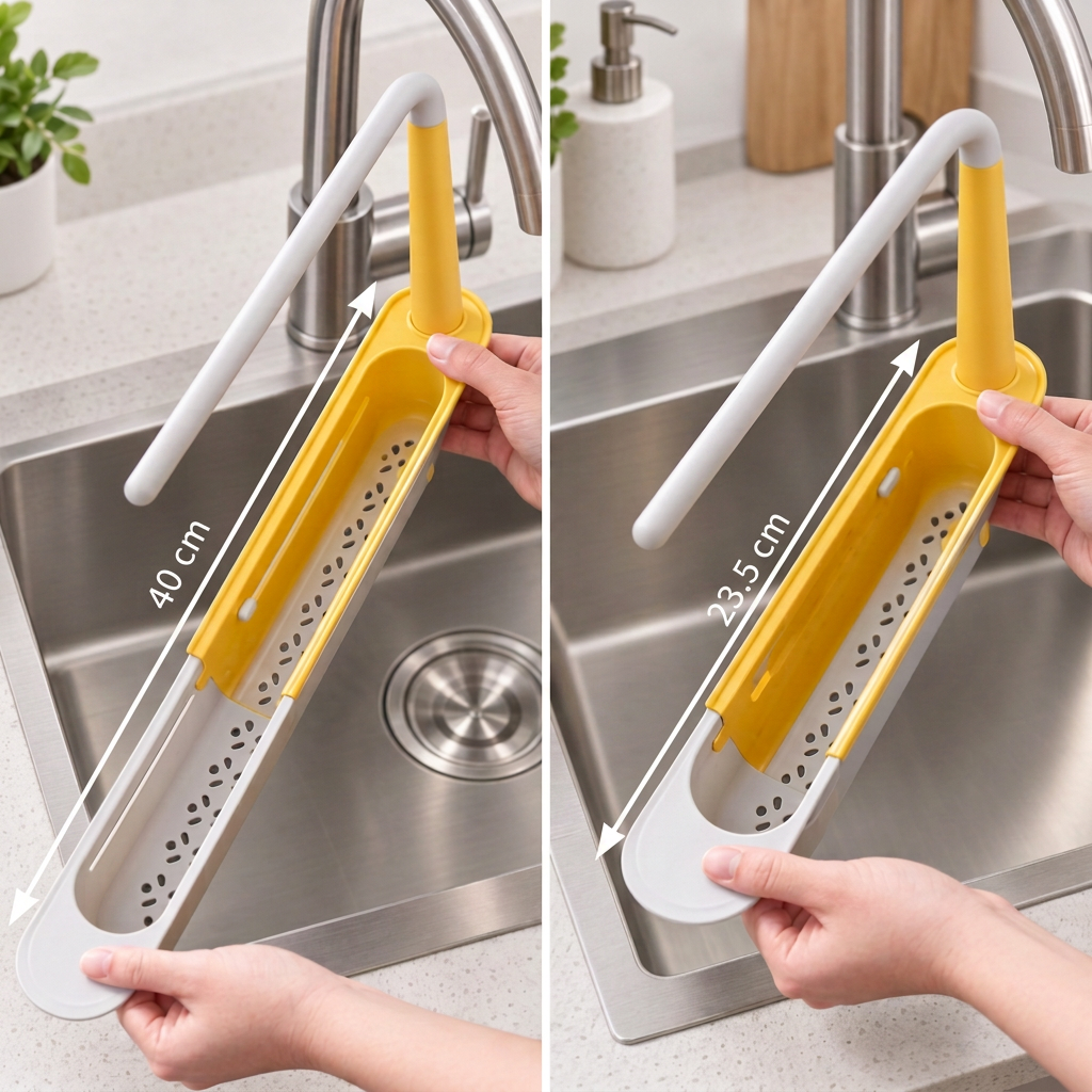 Adjustable Telescopic Sink Organizer with Drainage Basket & Towel Bar