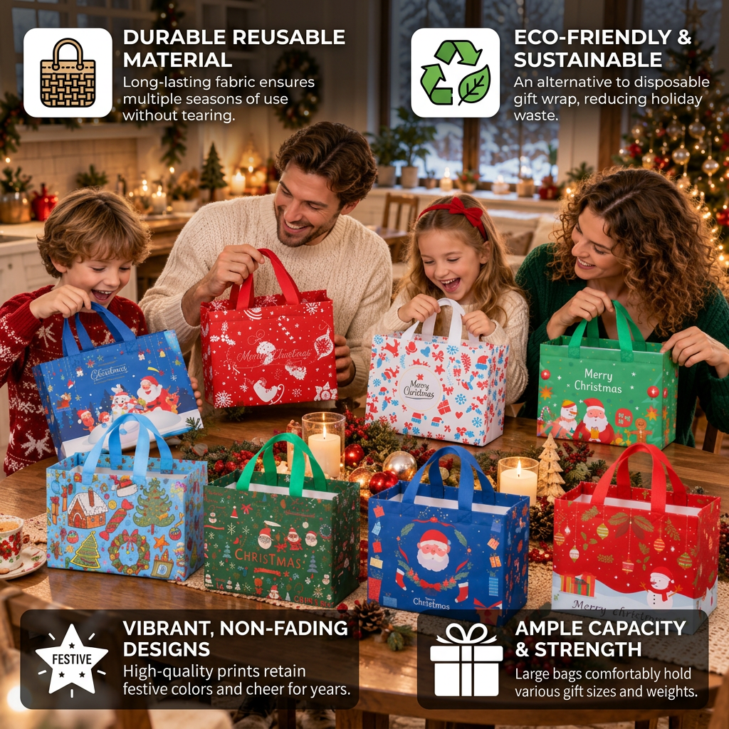 Reusable Christmas Gift Bags with Handles – Assorted Holiday Designs