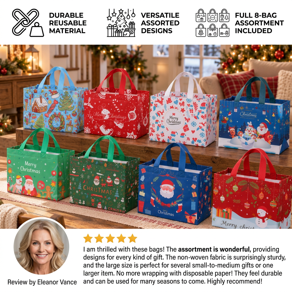 Reusable Christmas Gift Bags with Handles – Assorted Holiday Designs
