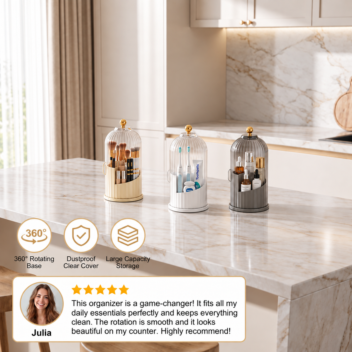 Rotating Toothbrush & Bathroom Essentials Organizer with Dustproof Clear Cover