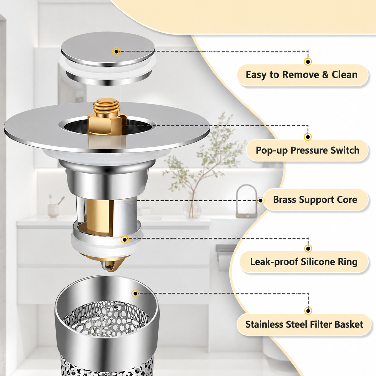 Universal Pop-Up Bathroom Sink Drain Stopper with Hair Catcher & Stainless Steel Filter Basket