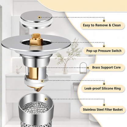Universal Pop-Up Bathroom Sink Drain Stopper with Hair Catcher & Stainless Steel Filter Basket
